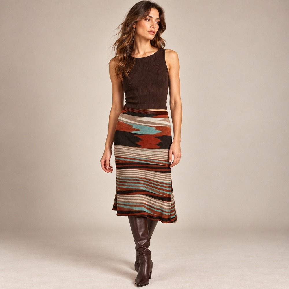 Missoni Knit Midi Skirt Italy Ikat Stripe Rust Turquoise Boho Luxury Western